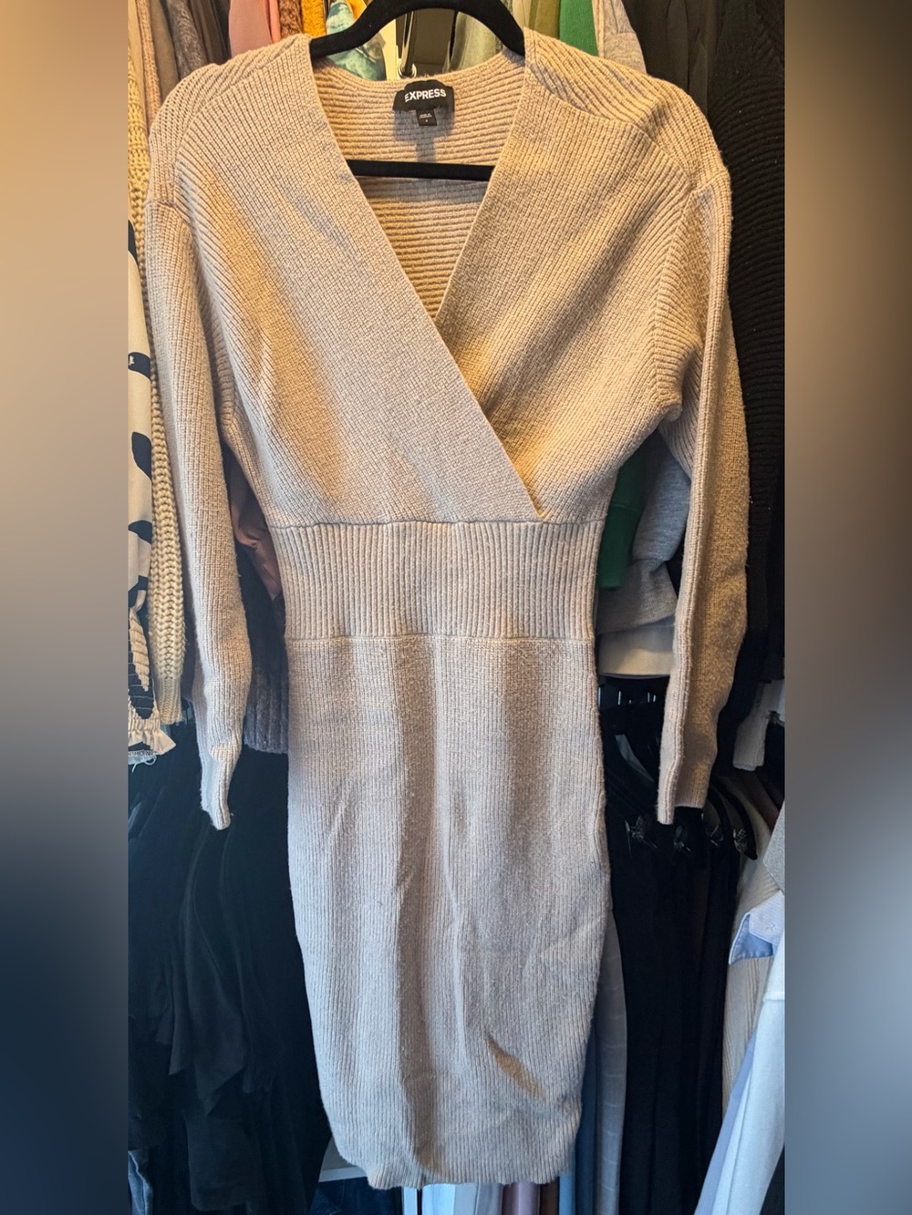 Express Beige Ribbed V-Neck Sweater Dress